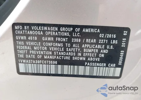 2015 Volkswagen Passat 1.8T S из США, поврежденный, VIN 1VWAS7A39FC073596